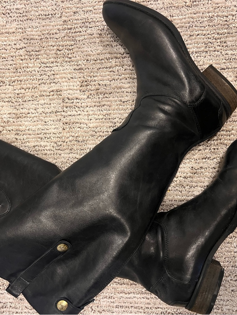 Sam Edelman Black Leather Knee-High Boots with Gold Buttons
